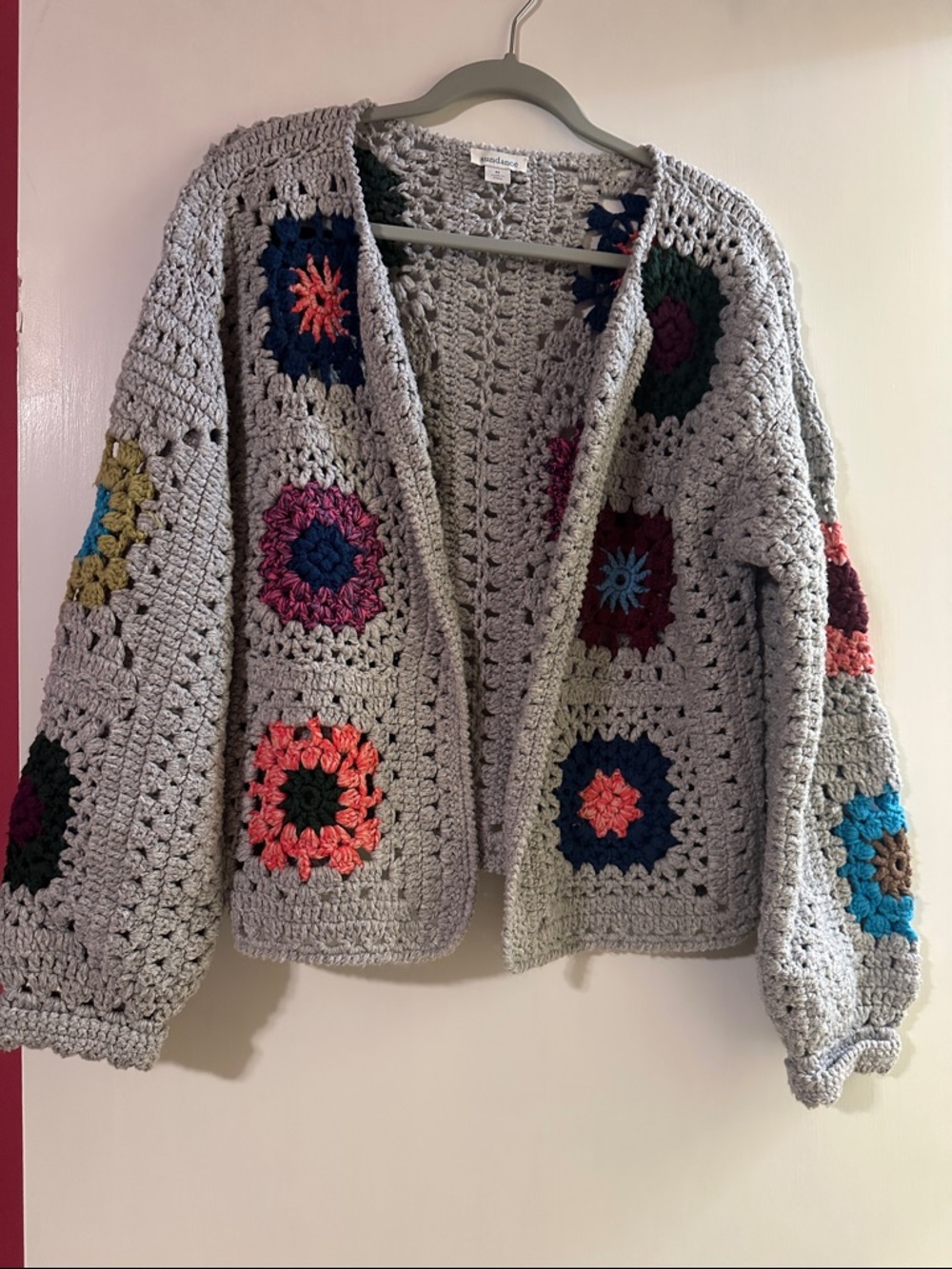 Sundance Gray Crochet Granny Square Cardigan with Multicolor Accents